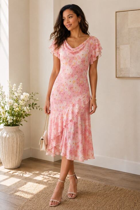 Jaclyn Smith Dresses & Skirts - Jaclyn Smith Silk Floral Midi Dress Pink Cottagecore Prairie Flutter 18 Fairy